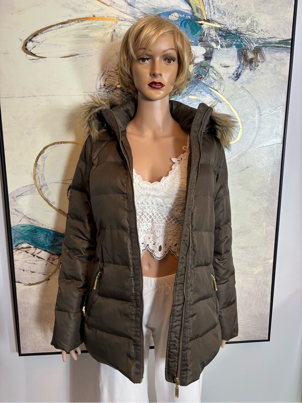 Joe Fresh Brown Quilted Hooded Puffer Jacket with Belt - Picture 10 of 16